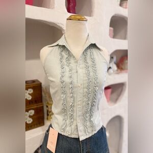 Light Wash Denim Collared Button Up Halter Top with Ruffled Placket NWT